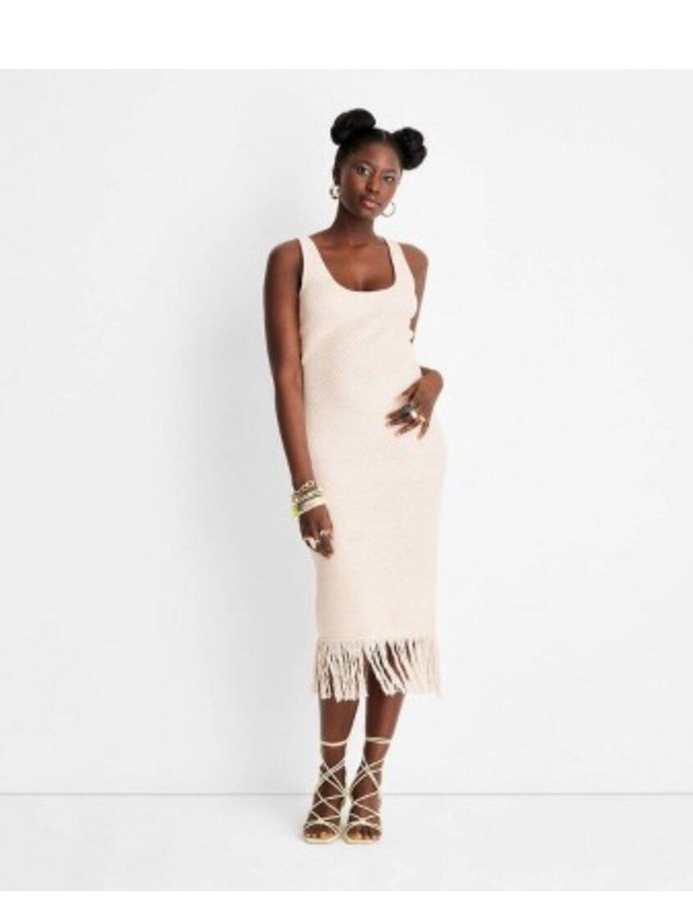 Sleeveless Cream Fringe Knit Midi Dress